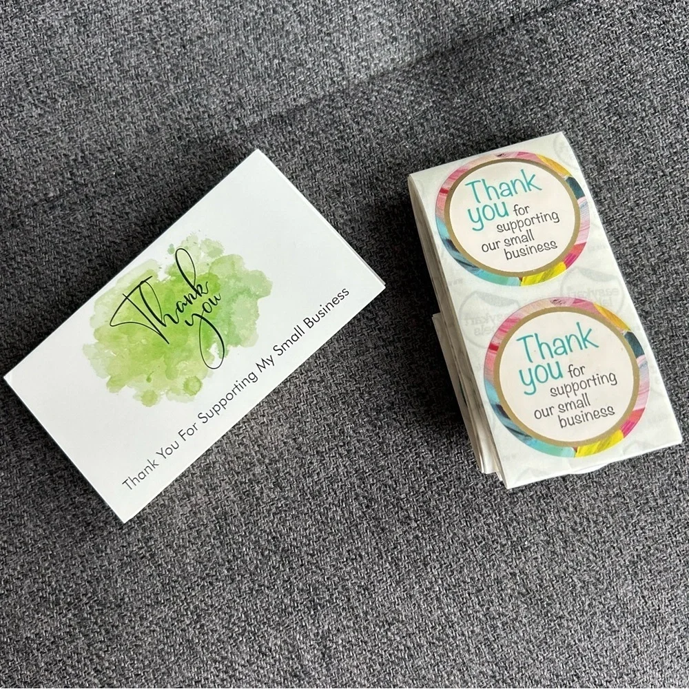 25 THANK YOU Business Cards + 25 Stickers, Starter Set, Watercolor, GREEN